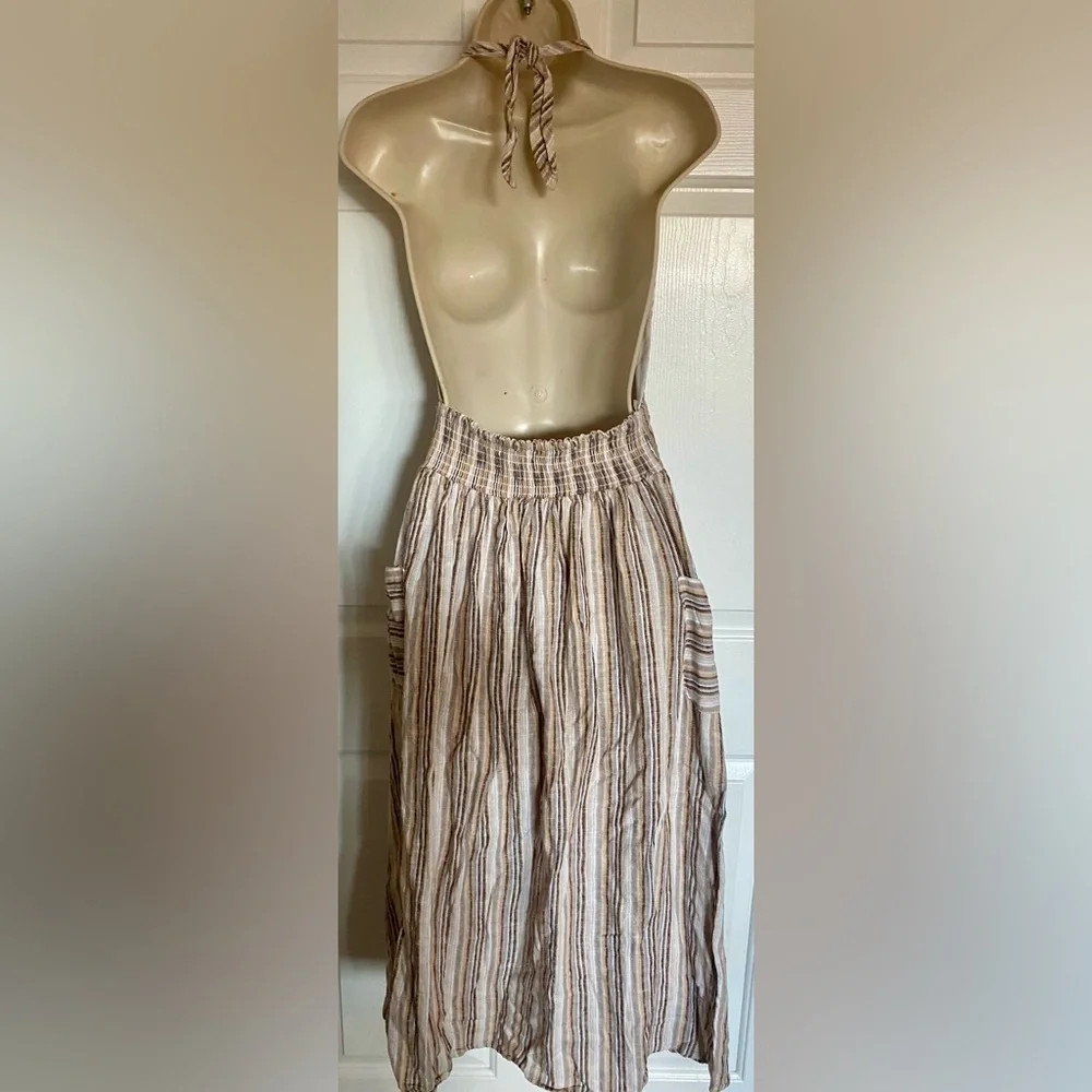 Indigo Rein Midi Dress Linen Brown Beige Stripe Halter V Neck Boho Size Small - Picture 4 of 6